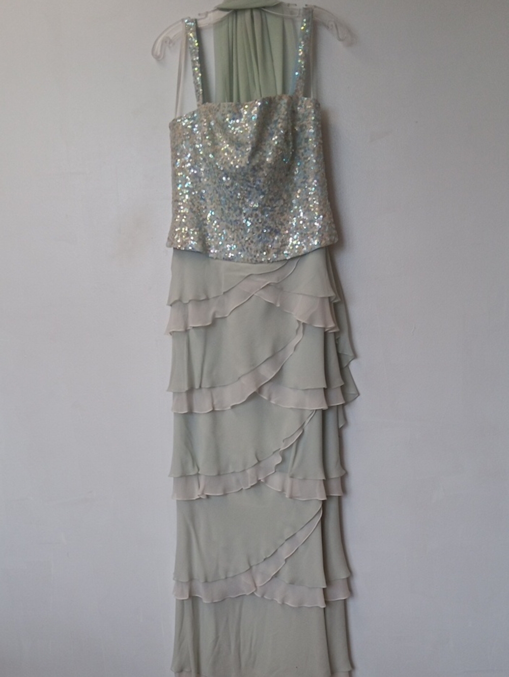Sequin Bodice Maxi Dress in Pale Sage And Cream.